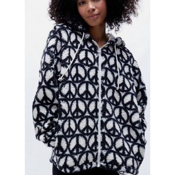 Pacsun Women's White & Black Peace Sign Print Full Zip Sherpa Hoodie Jacket S - Picture 1 of 10